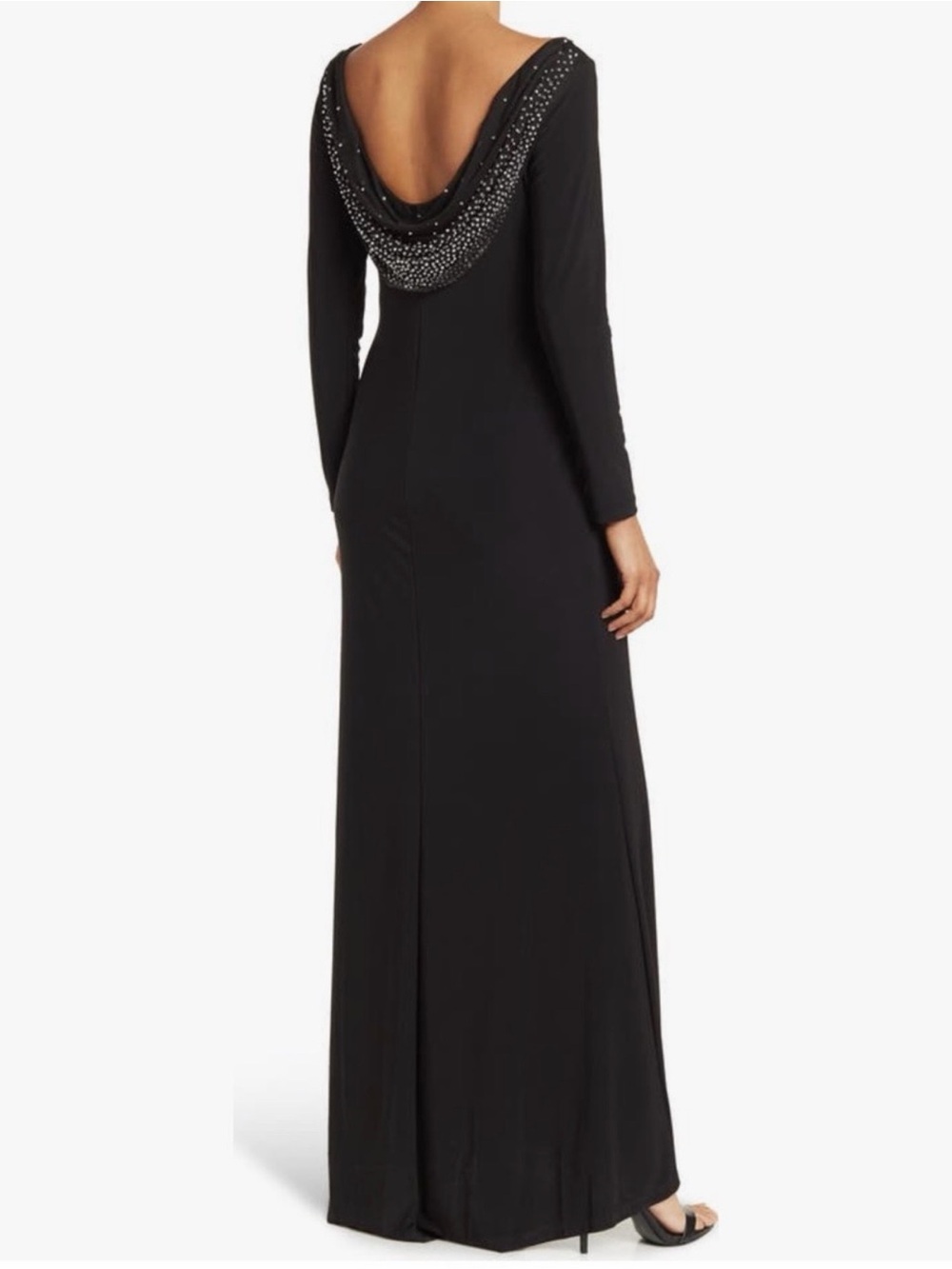 MARINA Black Long-Sleeve Gown with Embellished Back Cowl